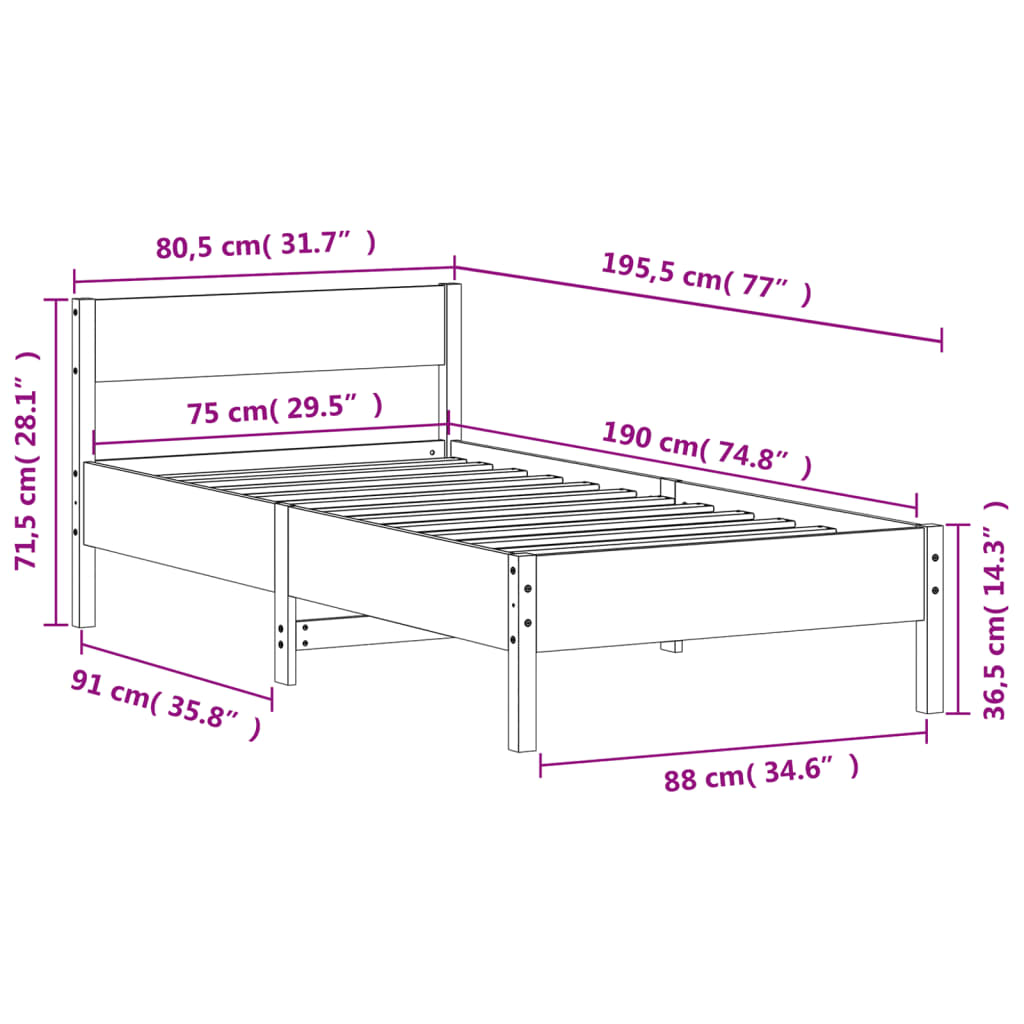 Cadre de lit sans matelas cire marron 75x190 cm bois pin massif - XIOS