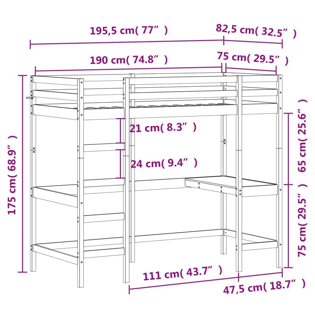 Lit superposé sans matelas blanc 75x190 cm pin massif - XIOS