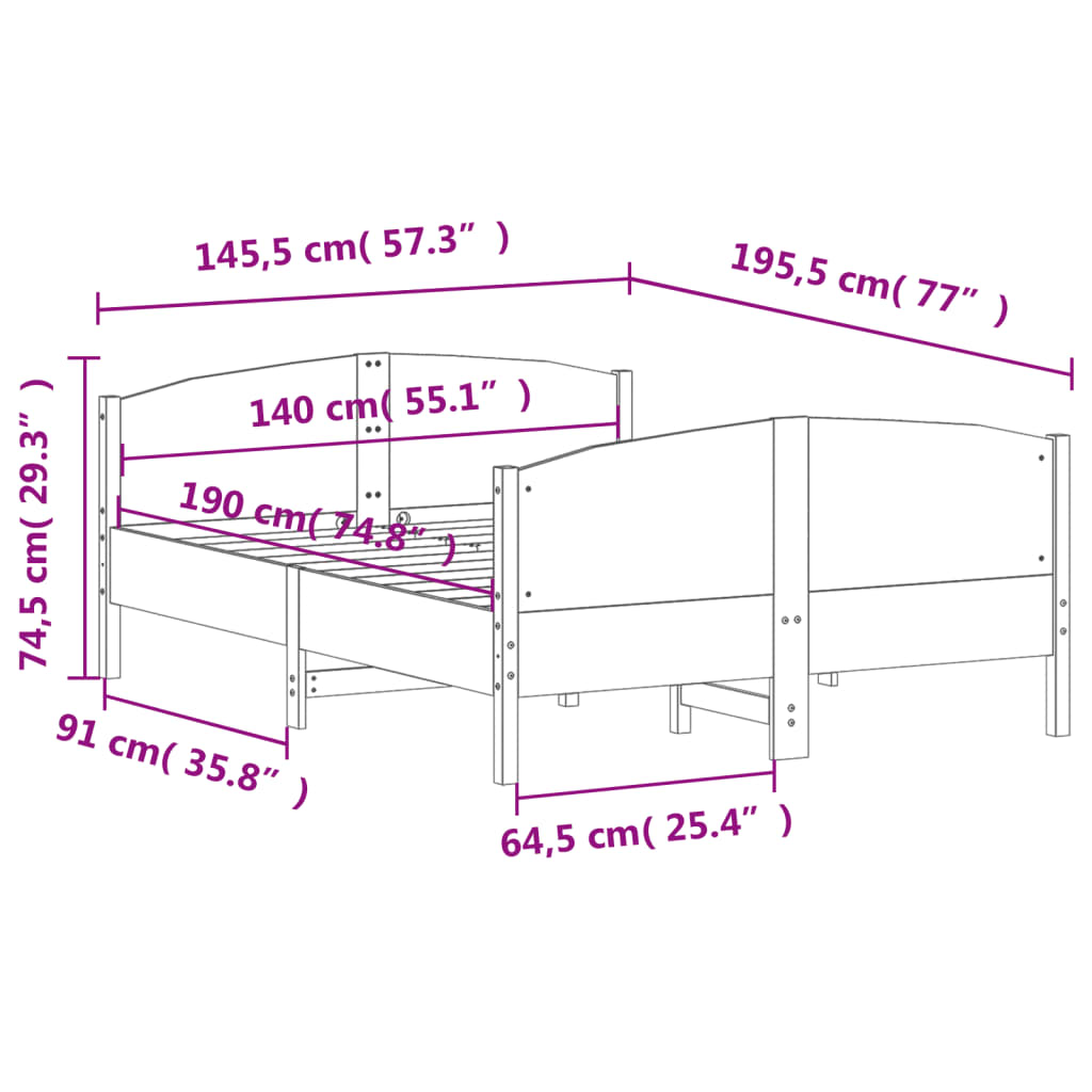 Cadre de lit sans matelas cire marron 140x190cm bois pin massif - XIOS