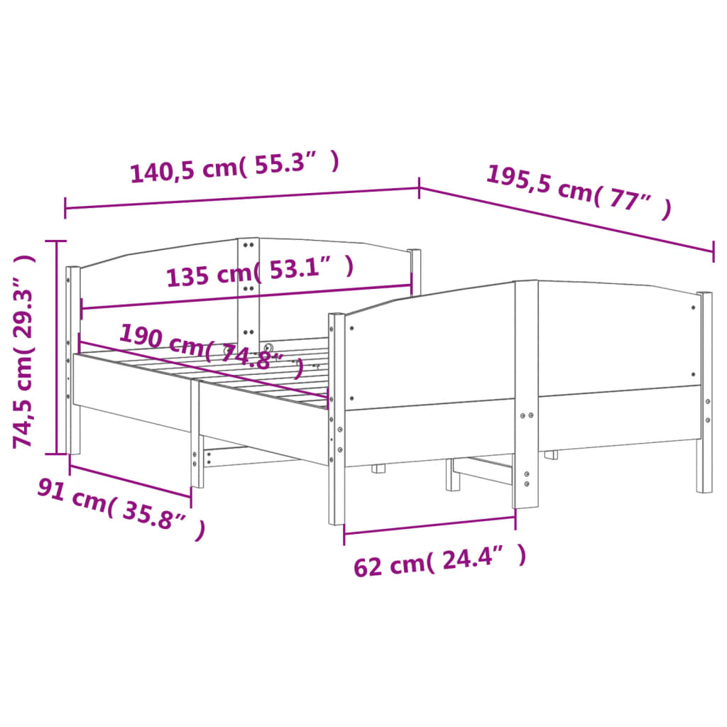 Cadre de lit sans matelas 135x190 cm bois de pin massif - XIOS