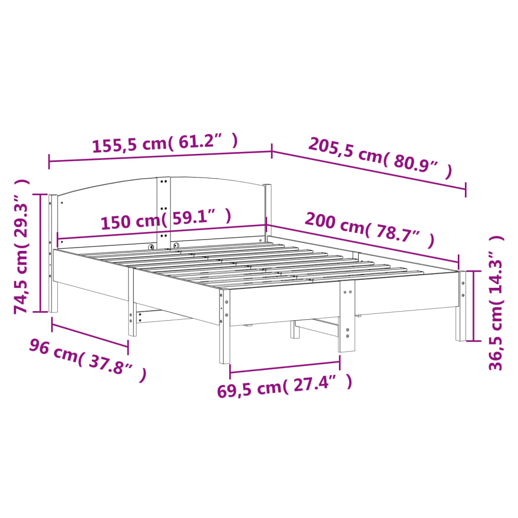Cadre de lit sans matelas cire marron 150x200cm bois pin massif - XIOS