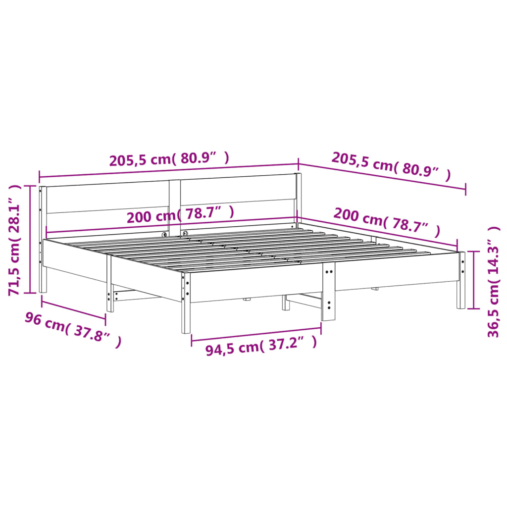 Cadre de lit sans matelas cire marron 200x200cm bois pin massif - XIOS