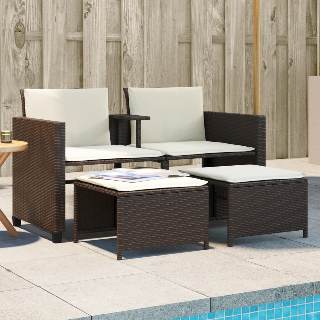 Canapé de jardin 2 places avec table et tabourets marron rotin - XIOS