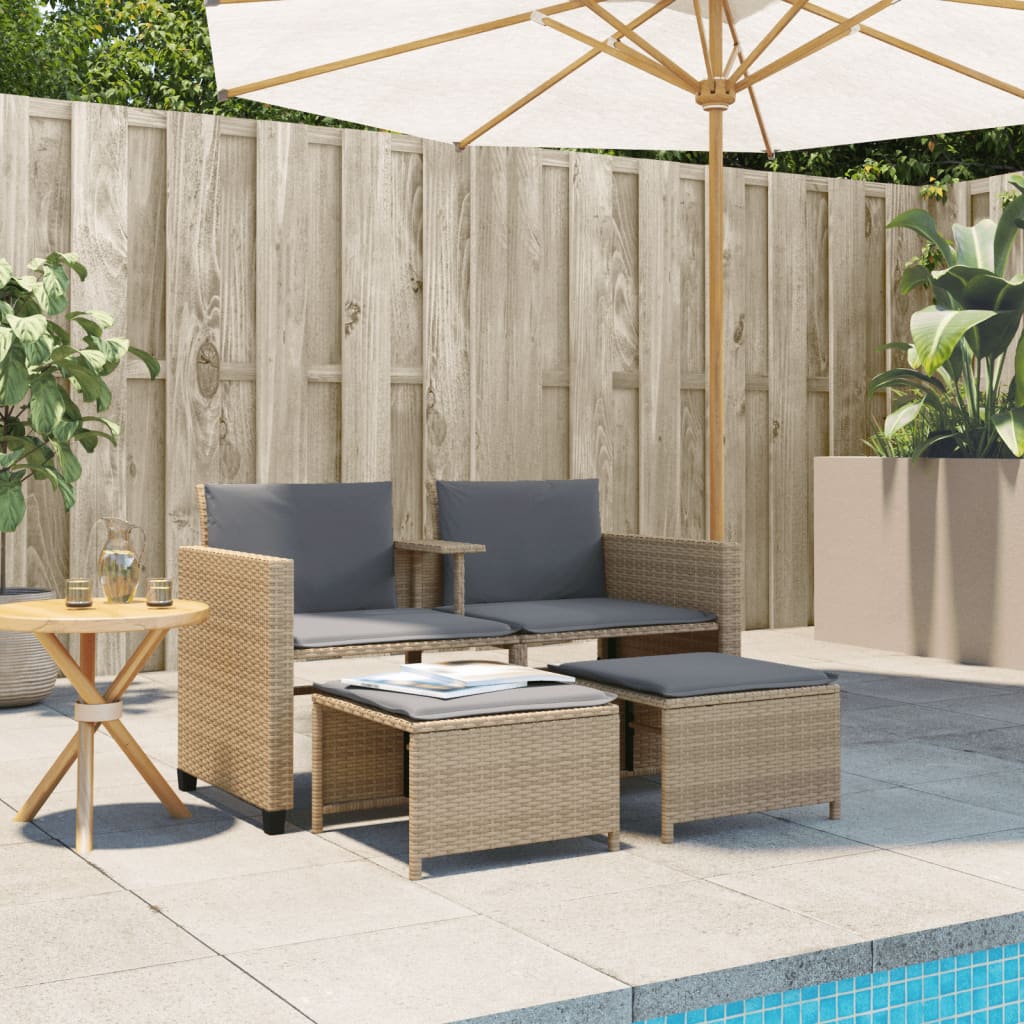 Canapé de jardin 2 places avec table et tabourets beige rotin Salons de jardin vidaXL