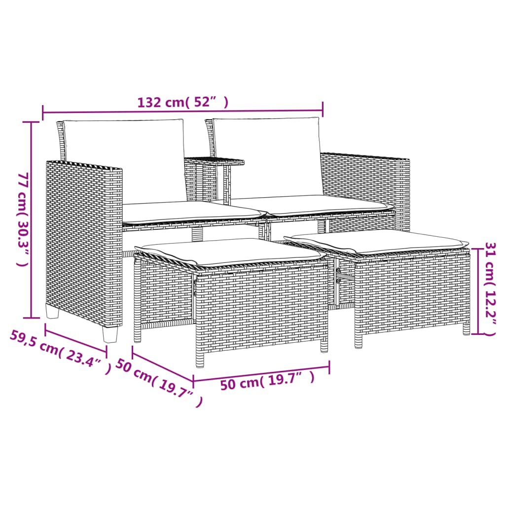 Canapé de jardin 2 places avec table et tabourets beige rotin Salons de jardin vidaXL