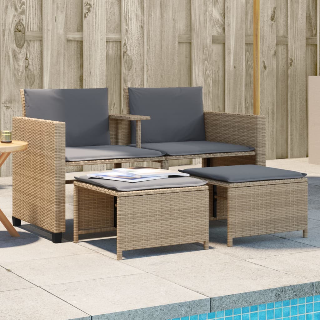 Canapé de jardin 2 places avec table et tabourets beige rotin Salons de jardin vidaXL