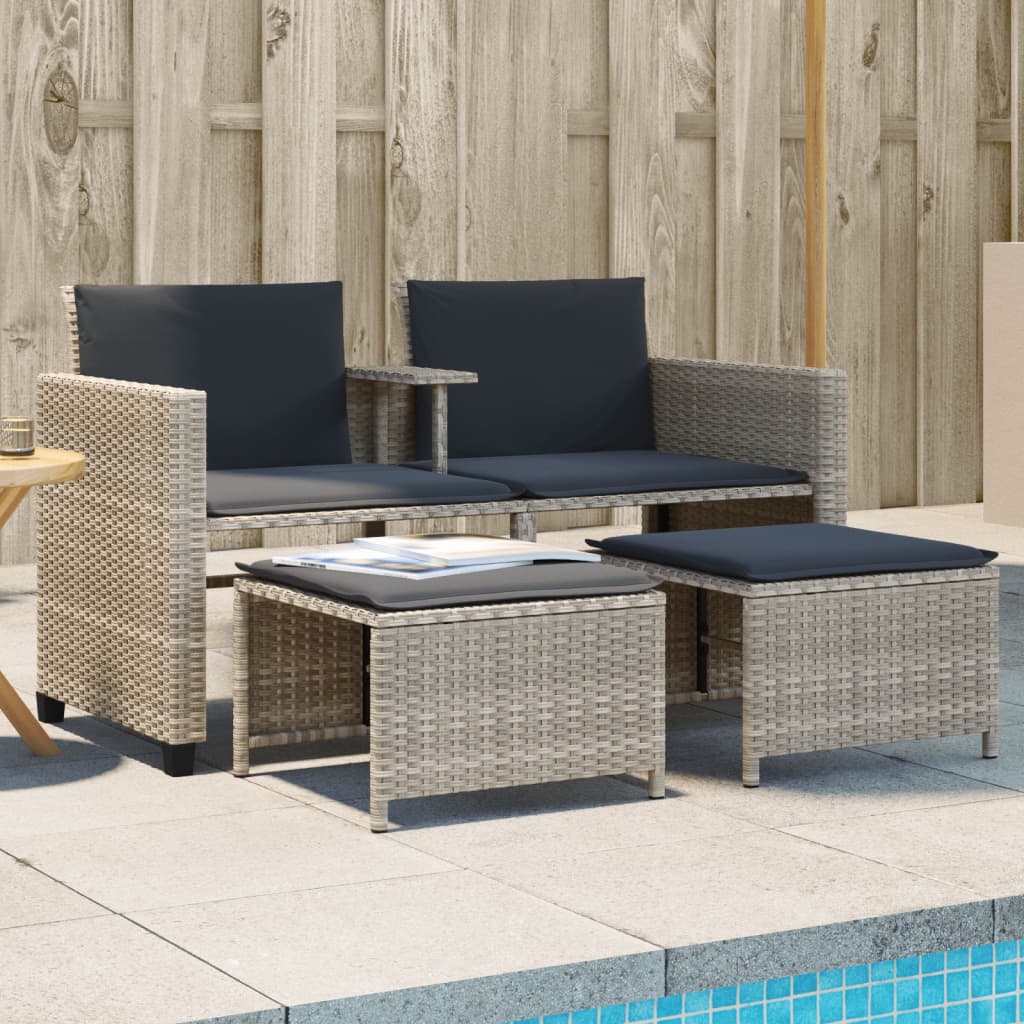 Canapé de jardin 2 places avec table tabourets gris clair rotin - XIOS