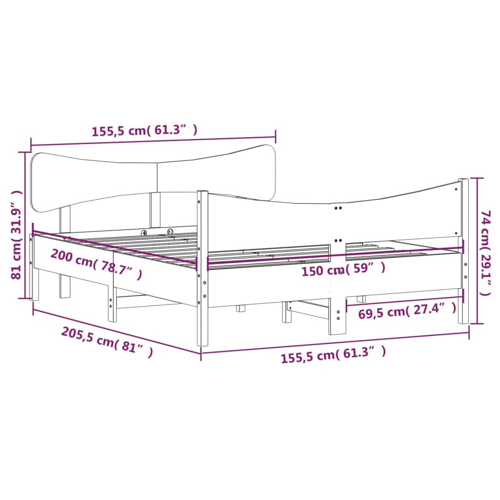 Cadre de lit sans matelas cire marron 150x200cm bois pin massif - XIOS