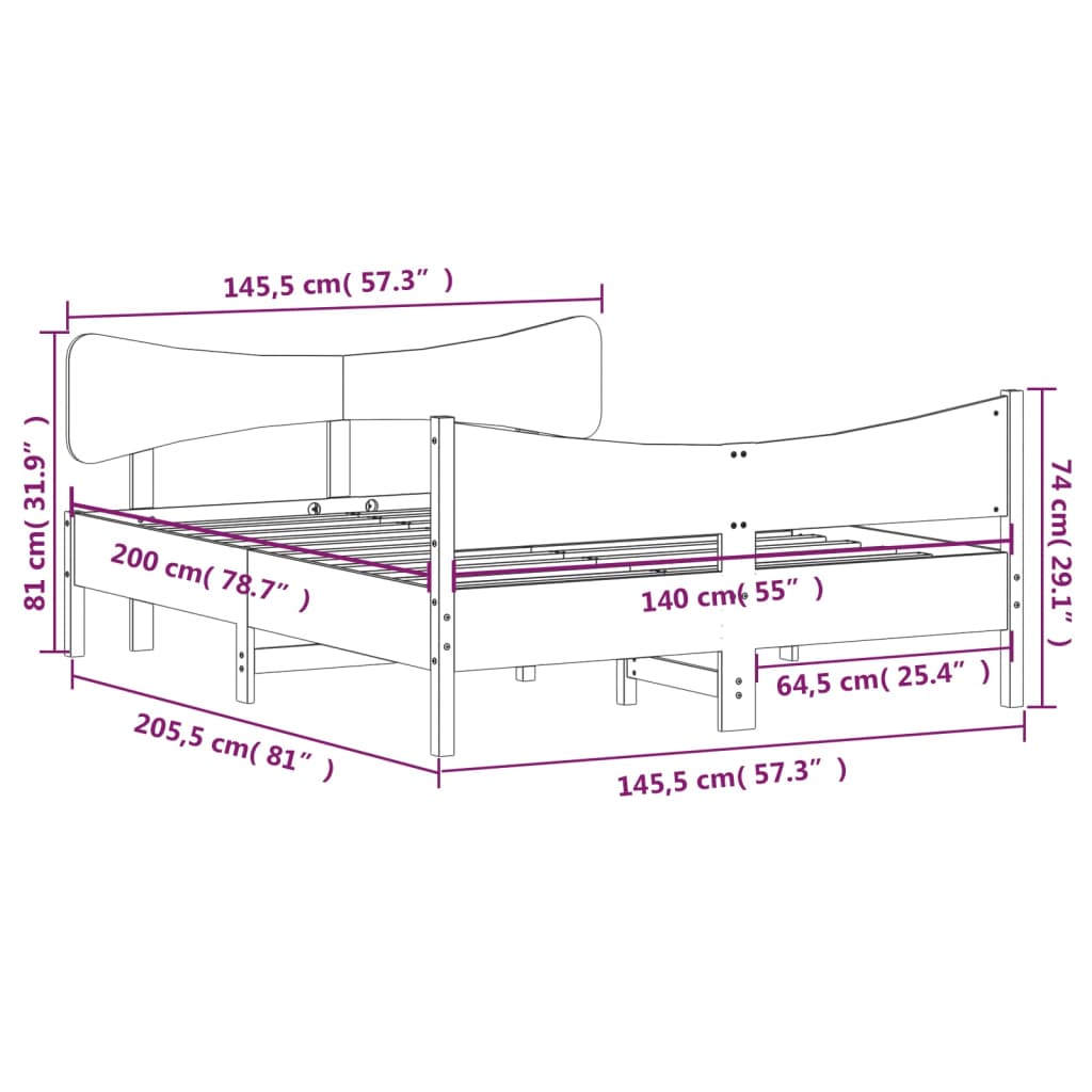Cadre de lit sans matelas cire marron 140x200cm bois pin massif - XIOS