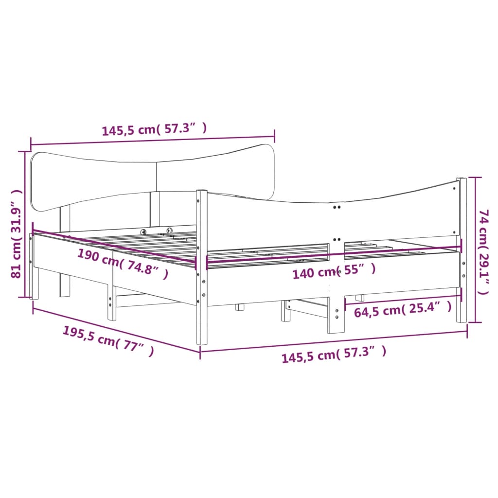 Cadre de lit sans matelas cire marron 140x190cm bois pin massif - XIOS