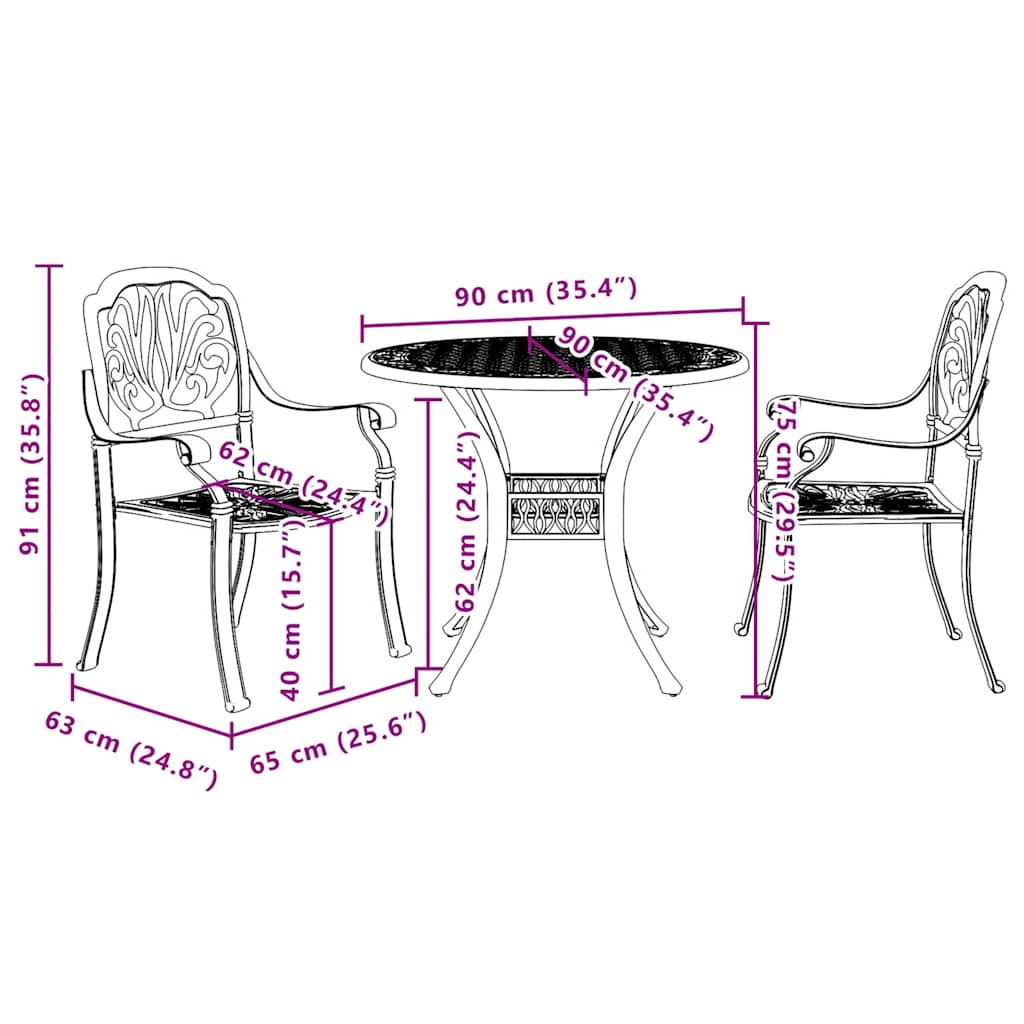 Ensemble de bistro 3 pcs noir aluminium coulé