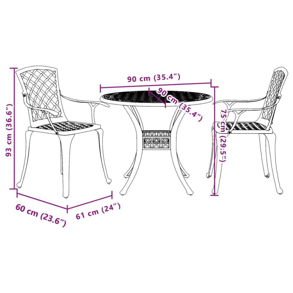 Ensemble de bistro 3 pcs blanc aluminium coulé
