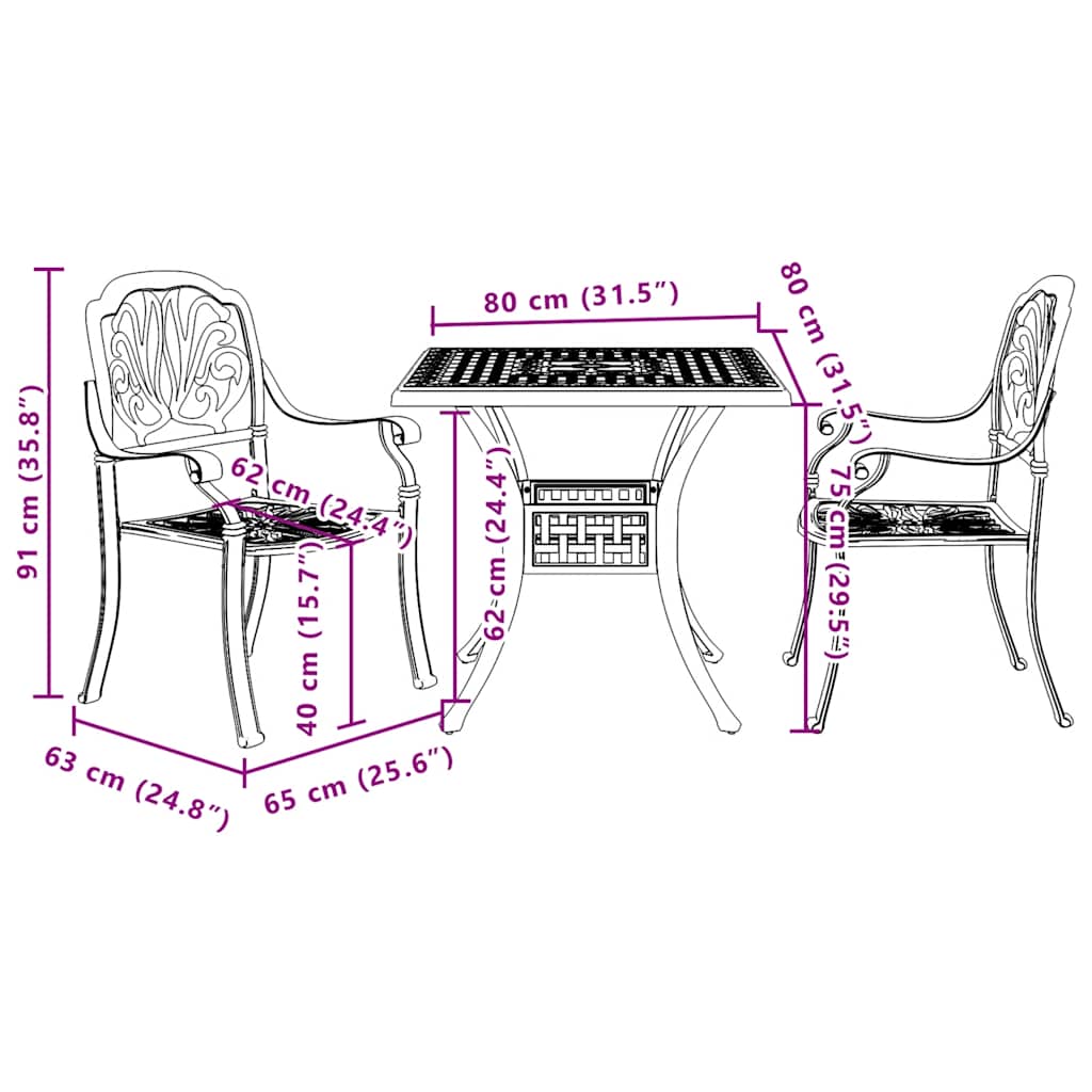 Ensemble de bistro 3 pcs noir aluminium coulé