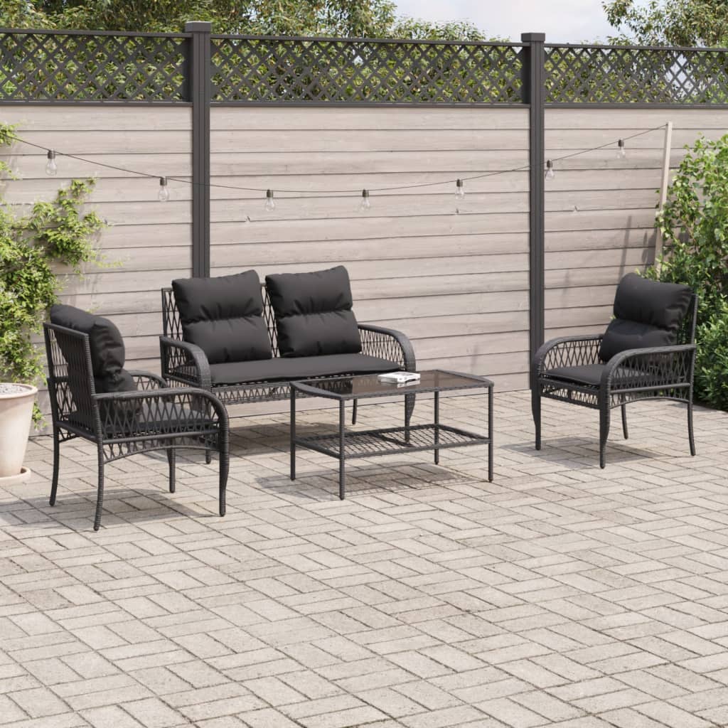 Salon de jardin 4 pcs avec coussins noir résine tressée Salons de jardin vidaXL