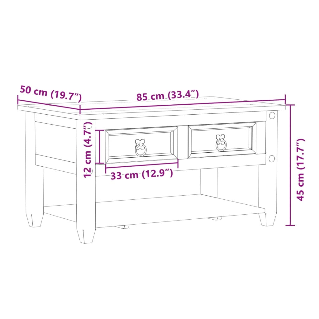 Table basse avec tiroirs Corona 85x50x45 cm bois de pin massif - XIOS