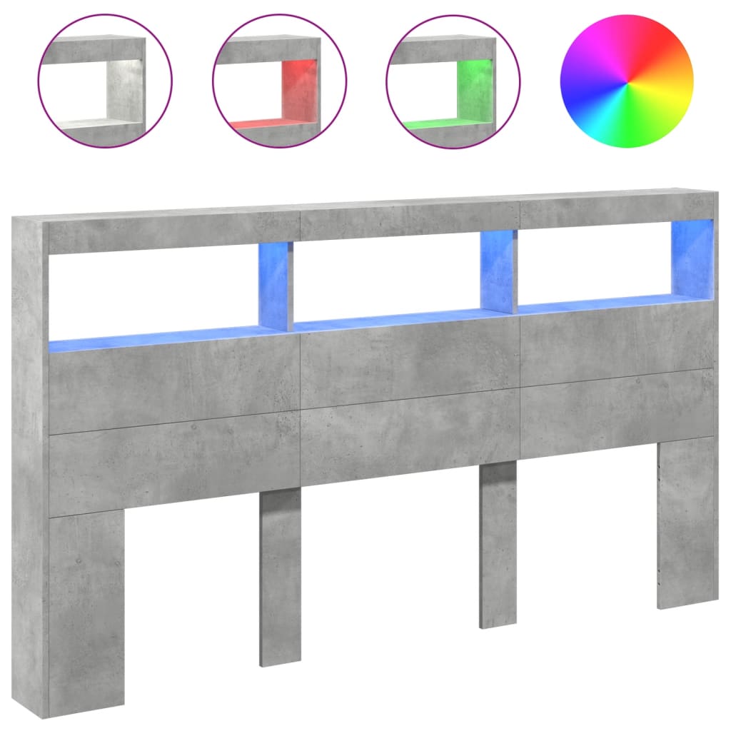 Armoire tête de lit avec LED gris béton 180x17x102 cm - XIOS