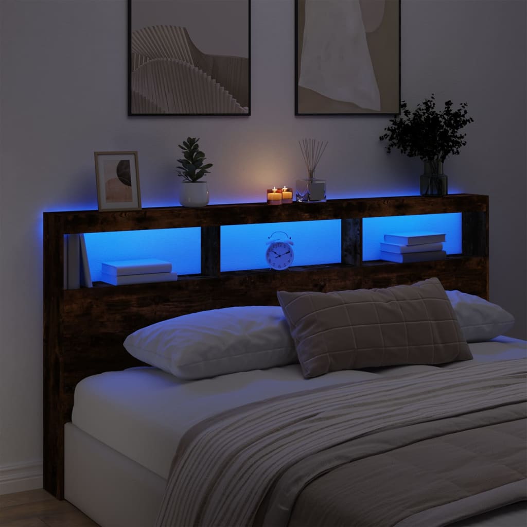 Armoire tête de lit avec LED chêne fumé 200x17x102 cm - XIOS