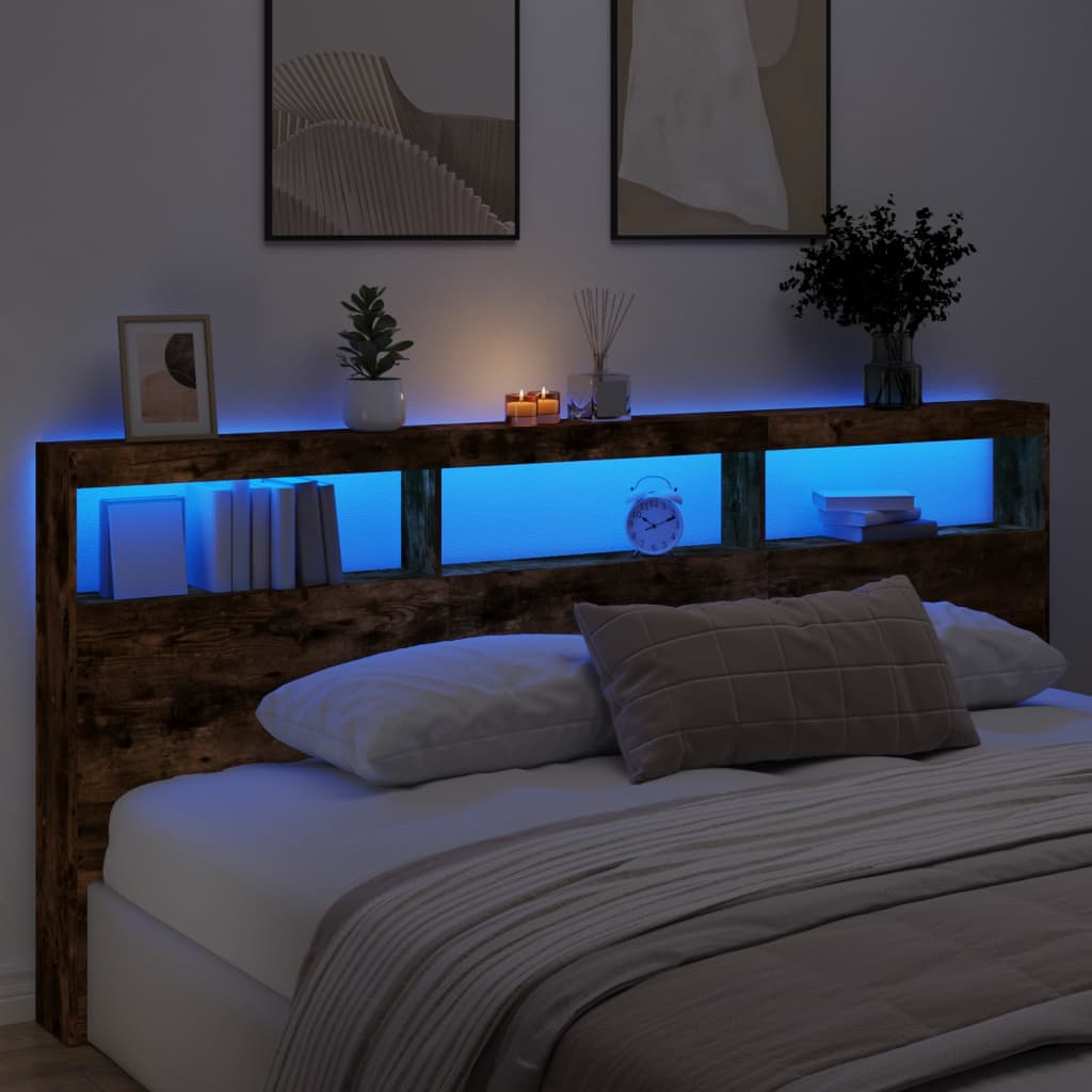 Armoire tête de lit avec LED chêne fumé 220x17x102 cm - XIOS