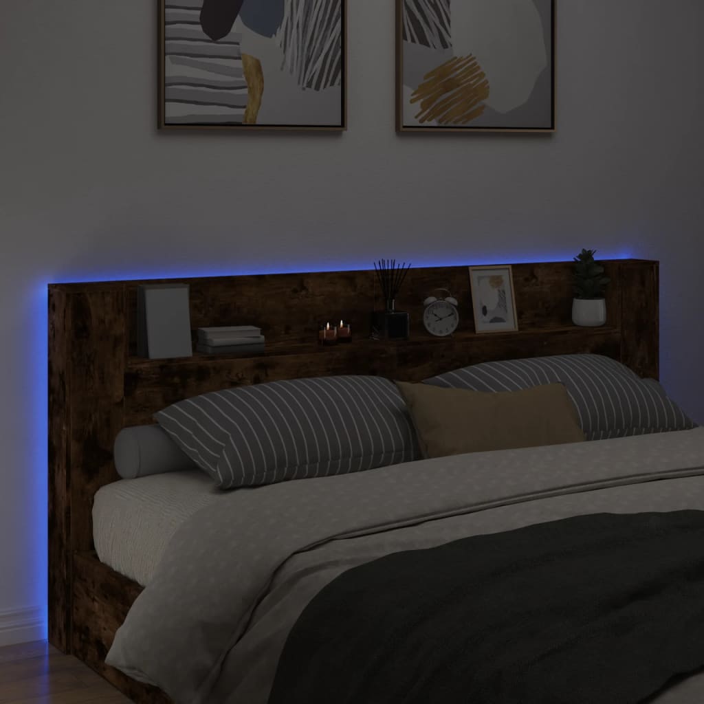 Armoire tête de lit avec LED chêne fumé 220x16,5x103,5 cm - XIOS