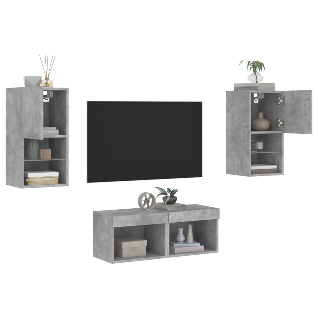 Meuble TV muraux 4 pcs avec lumières LED gris béton - XIOS