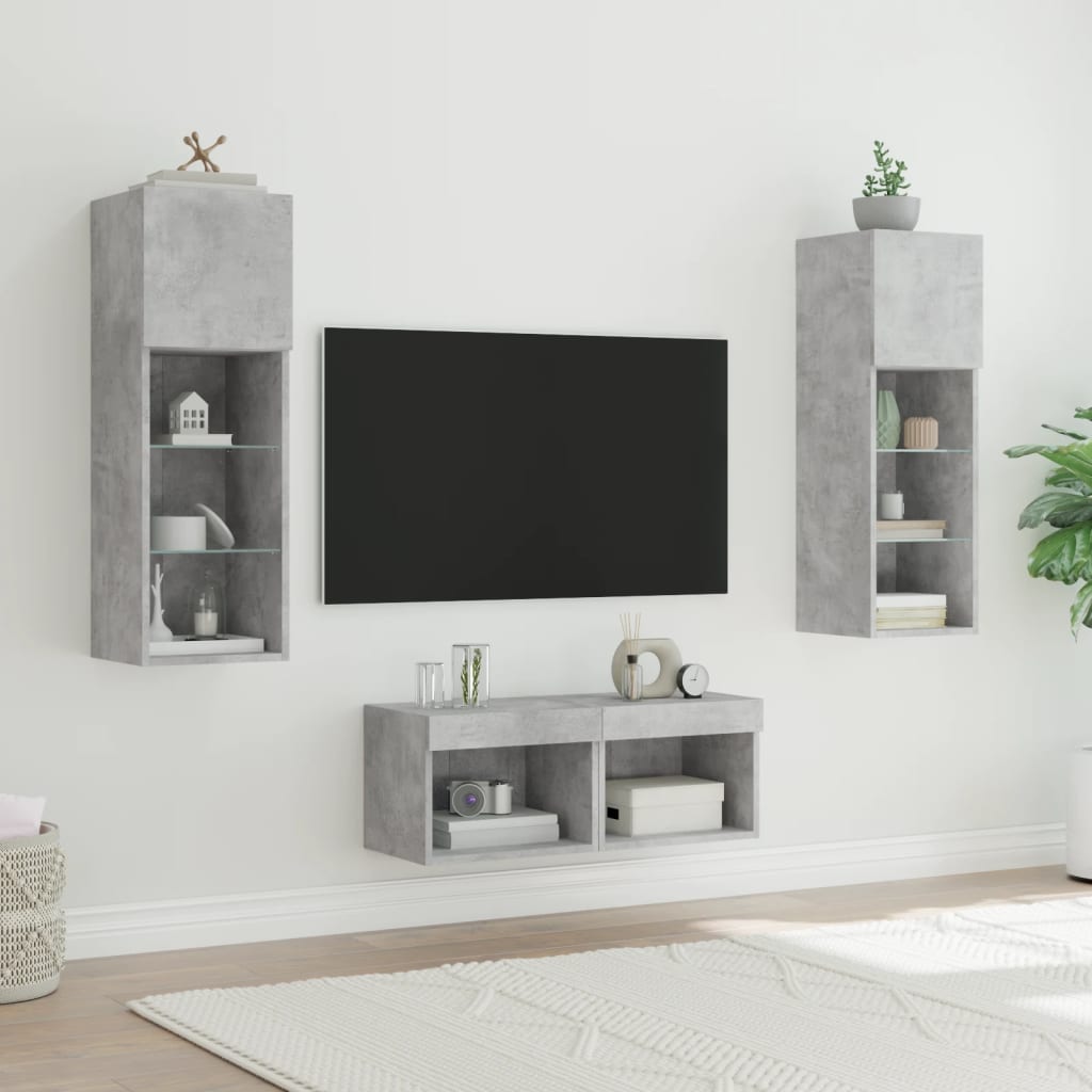Meuble TV muraux 4 pcs avec lumières LED gris béton