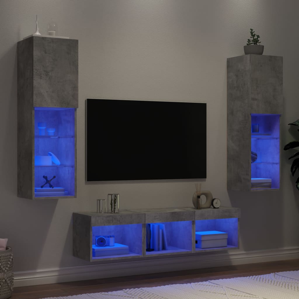 Unités murales TV avec LED 5 pcs gris béton bois d'ingénierie - XIOS