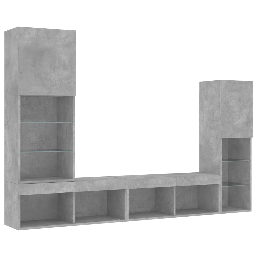 Unités murales TV avec LED 4 pcs gris béton bois d'ingénierie
