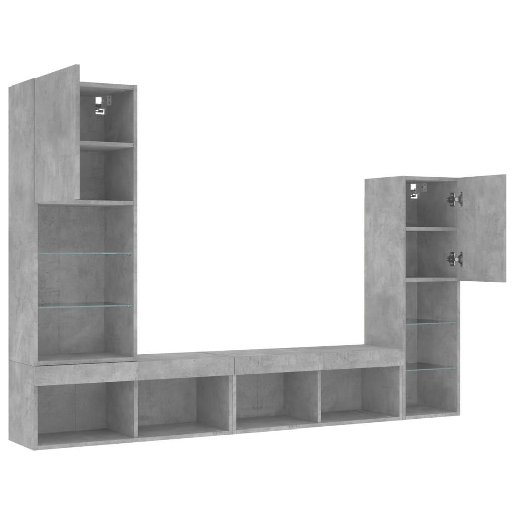 Unités murales TV avec LED 4 pcs gris béton bois d'ingénierie