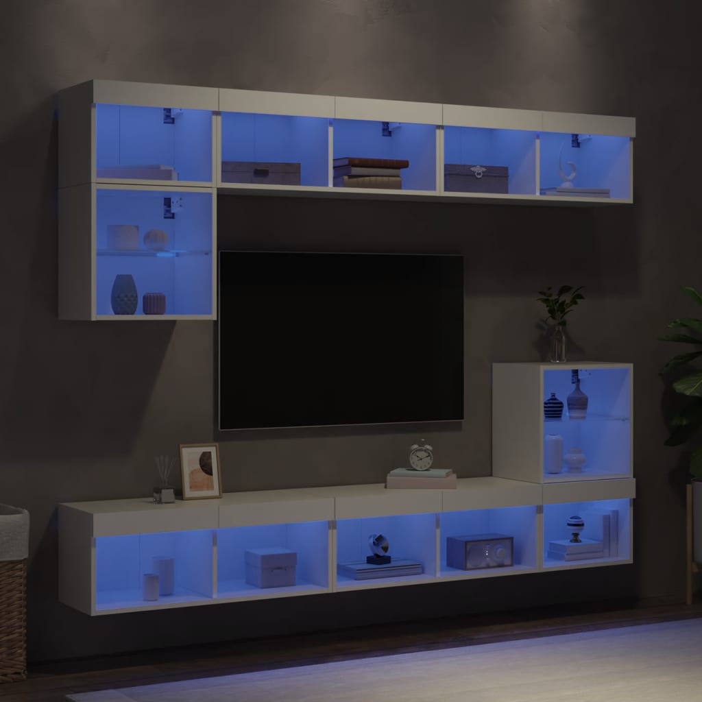 Unités murales TV avec LED 8 pcs blanc bois d'ingénierie - XIOS
