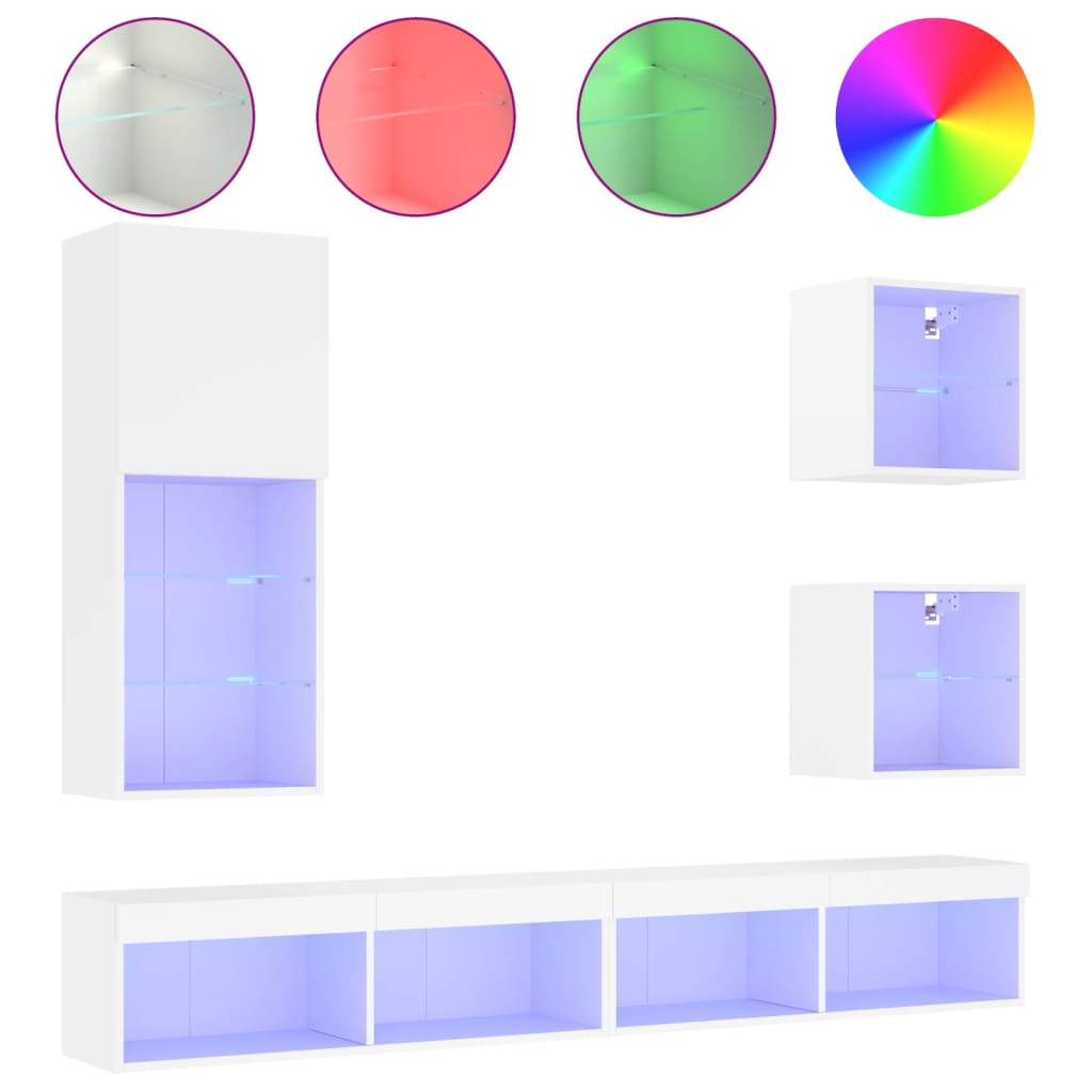 Unités murales TV avec LED 5 pcs blanc bois d'ingénierie - XIOS