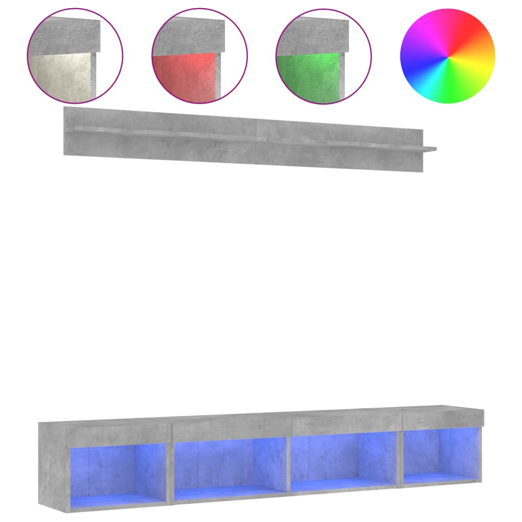 Unités murales TV avec LED 5 pcs gris béton bois d'ingénierie - XIOS