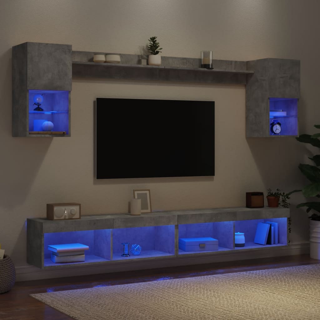 Unités murales TV avec LED 6 pcs gris béton bois d'ingénierie - XIOS