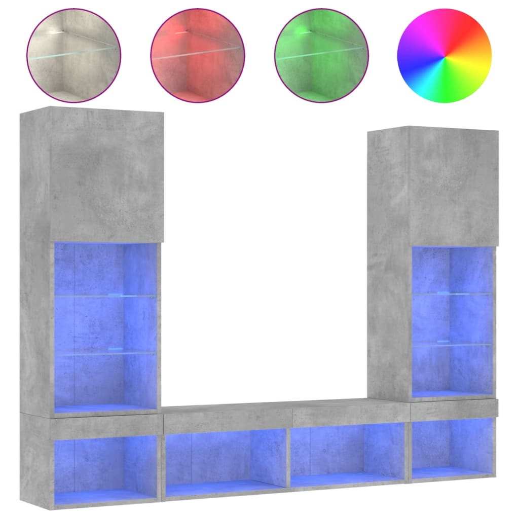 Unités murales TV avec LED 5 pcs gris béton bois d'ingénierie - XIOS