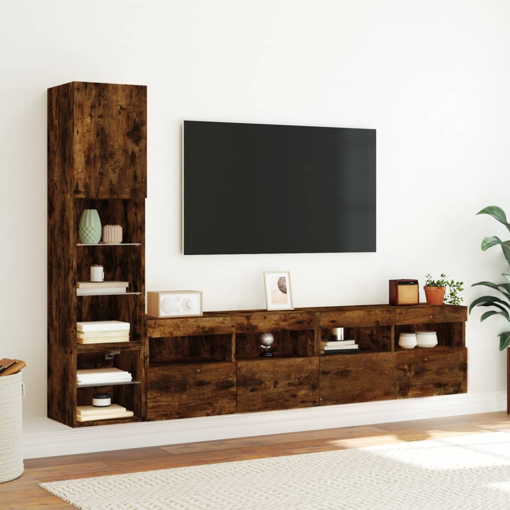 Unités murales TV avec LED 4 pcs chêne fumé bois d'ingénierie