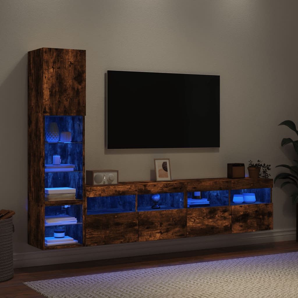 Unités murales TV avec LED 4 pcs chêne fumé bois d'ingénierie