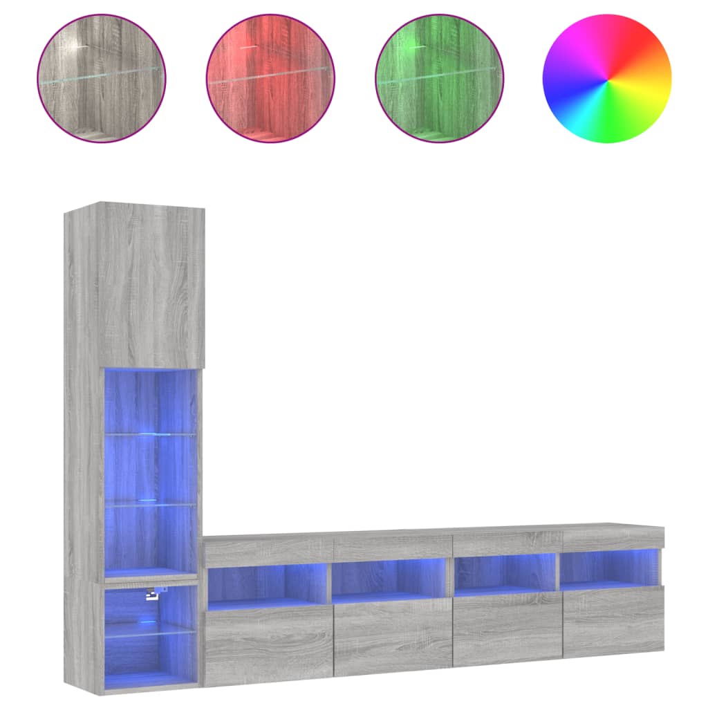 Unités murales TV avec LED 4 pcs gris sonoma bois d'ingénierie