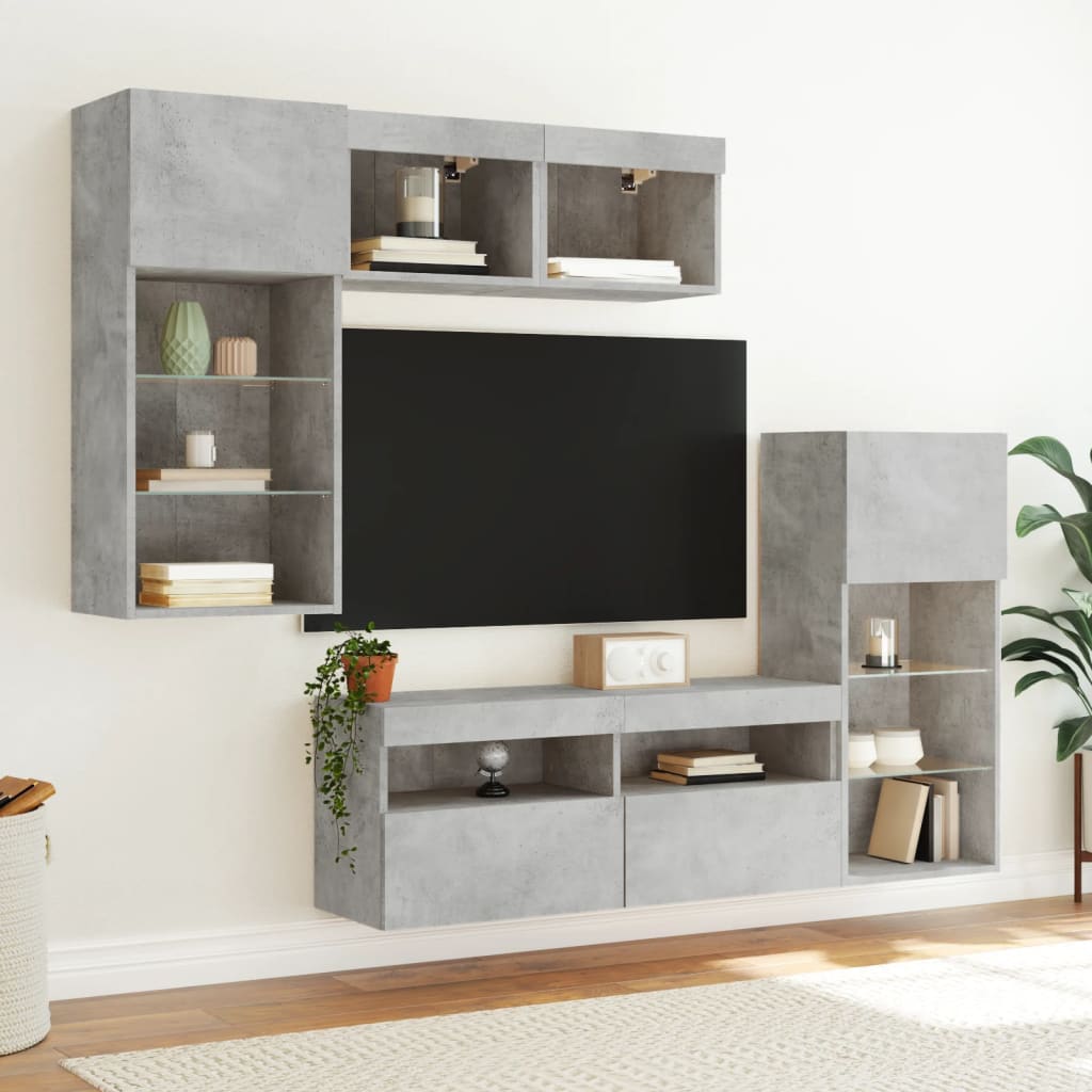 Unités murales TV avec LED 5 pcs gris béton bois d'ingénierie - XIOS