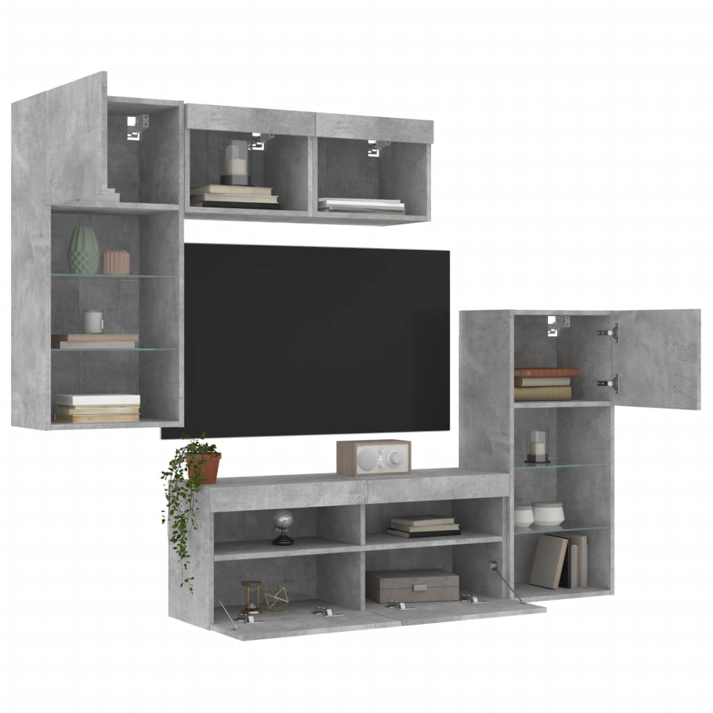 Unités murales TV avec LED 5 pcs gris béton bois d'ingénierie - XIOS