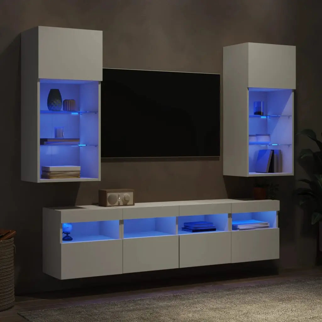 Unités murales TV avec LED 5 pcs blanc bois d’ingénierie - XIOS