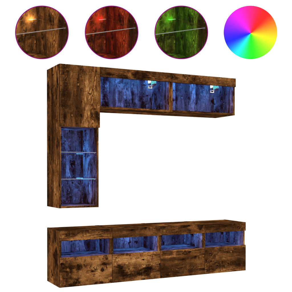 Ensemble de meubles TV muraux 7 pcs et lumières LED chêne fumé