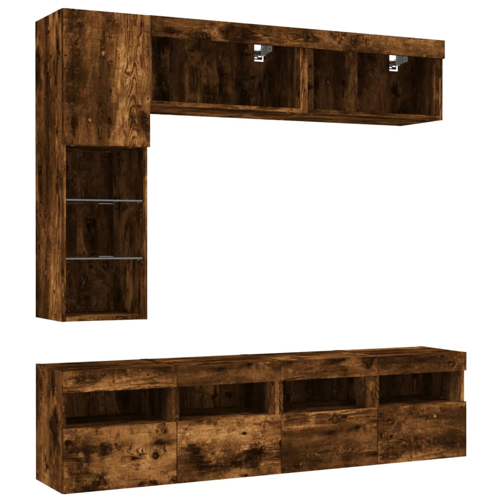 Ensemble de meubles TV muraux 7 pcs et lumières LED chêne fumé