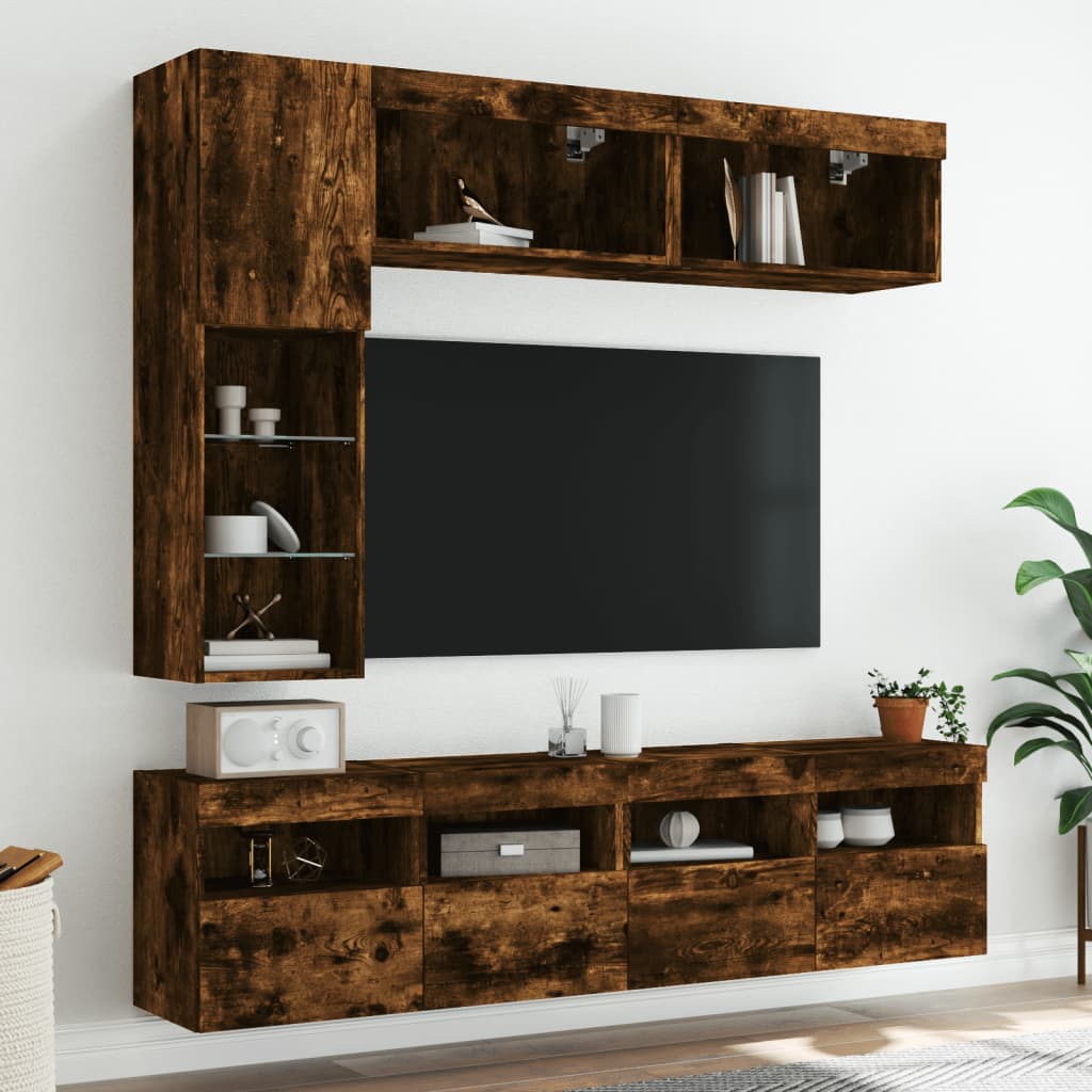 Ensemble de meubles TV muraux 7 pcs et lumières LED chêne fumé