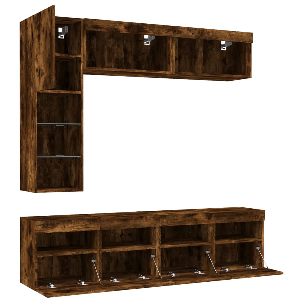 Ensemble de meubles TV muraux 7 pcs et lumières LED chêne fumé