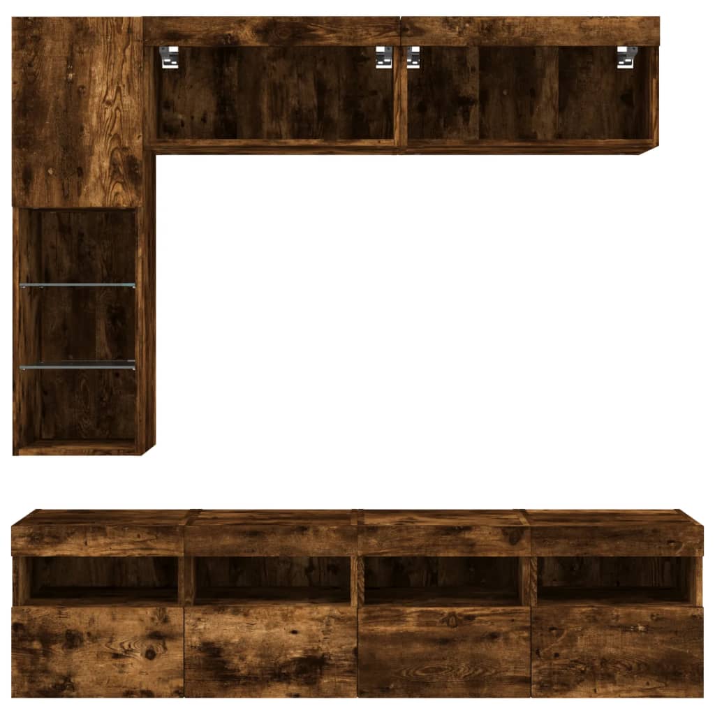 Ensemble de meubles TV muraux 7 pcs et lumières LED chêne fumé