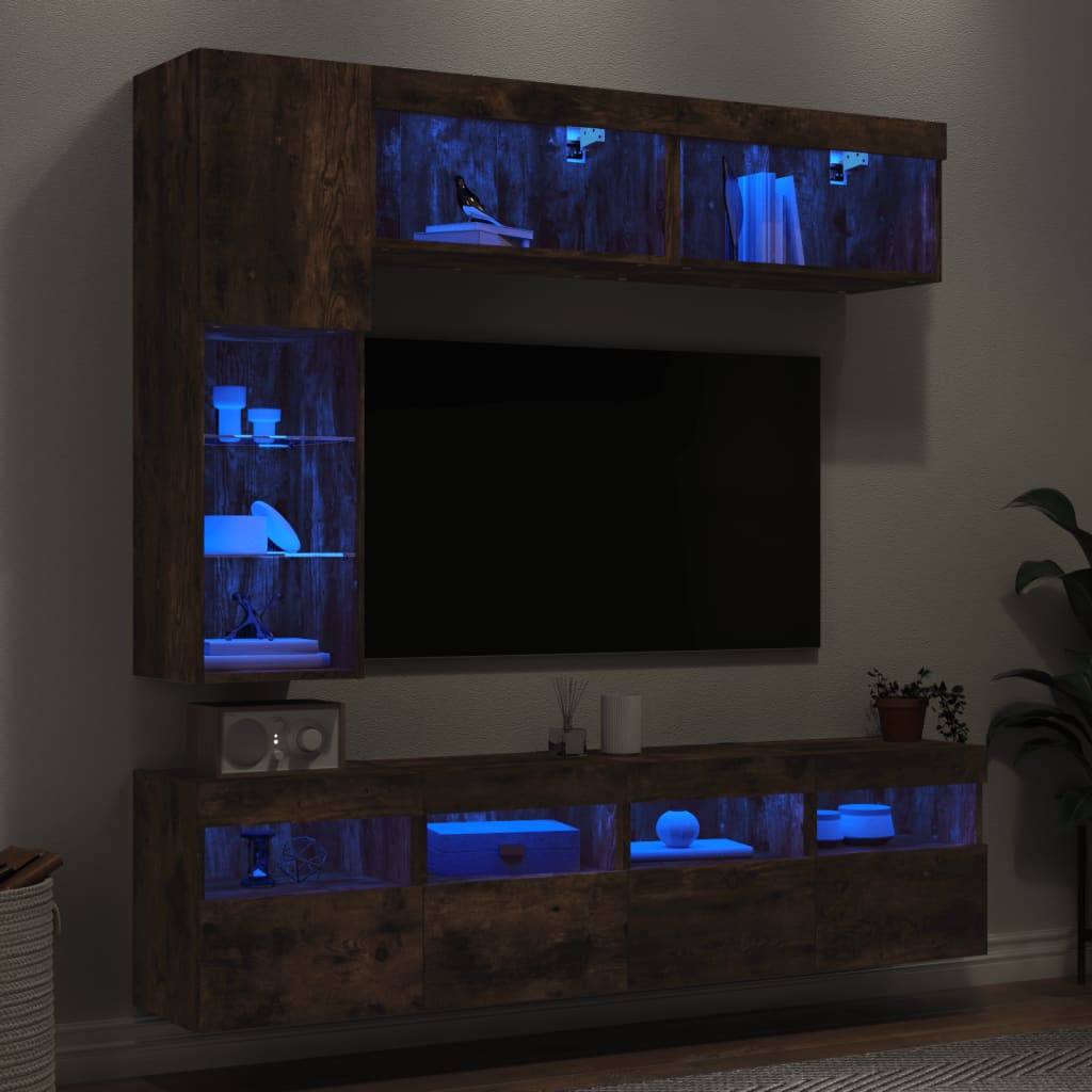 Ensemble de meubles TV muraux 7 pcs et lumières LED chêne fumé