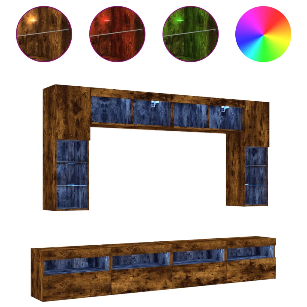 Ensemble de meubles TV muraux 8 pcs et lumières LED chêne fumé - XIOS