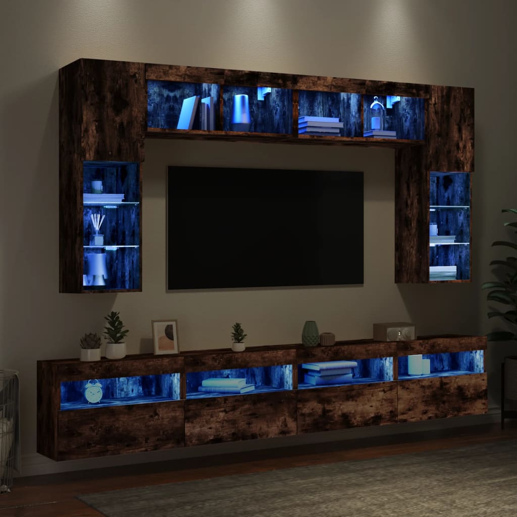 Ensemble de meubles TV muraux 8 pcs et lumières LED chêne fumé - XIOS