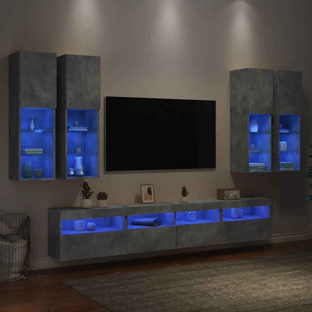 Ensemble de meubles TV muraux 7pcs et lumières LED gris béton