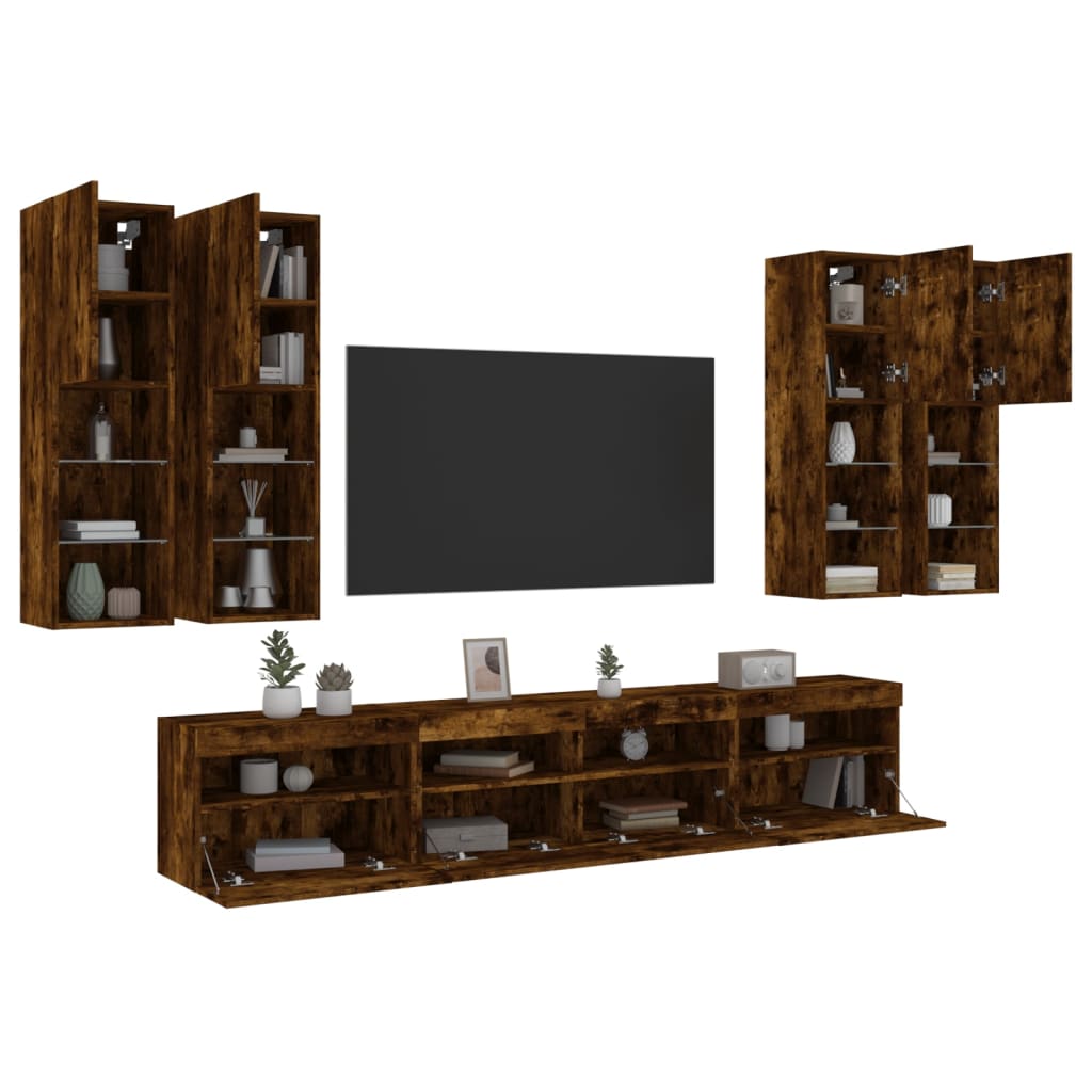 Ensemble de meubles TV muraux 7 pcs et lumières LED chêne fumé - XIOS