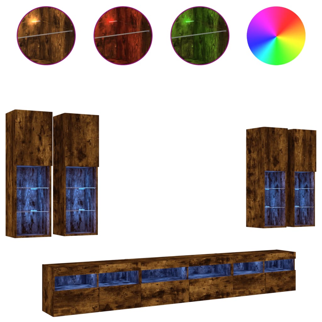 Ensemble de meubles TV muraux 7 pcs et lumières LED chêne fumé